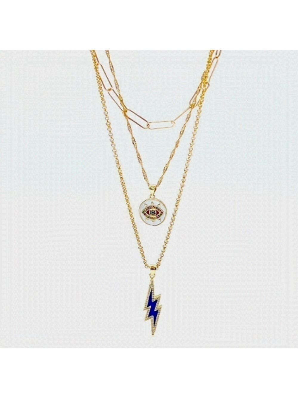 THREE Layers Of Gold Necklace With Evil Eye And Lightening Charm.